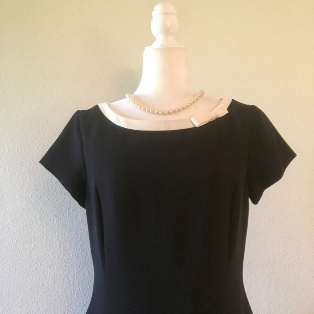 Vintage Amanda Smith Black Tailored Sheath Dress Cream Collar Bow Size 10P